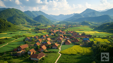 An incredible aerial view of a rural village nestled in a valley, surrounded by towering hills and fields in various stages of cultivation.