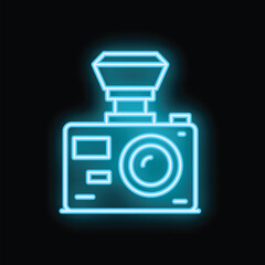 Neon sign representing a photo camera with a flashlight emitting light, on a black background, ideal for illustrating concepts such as photography