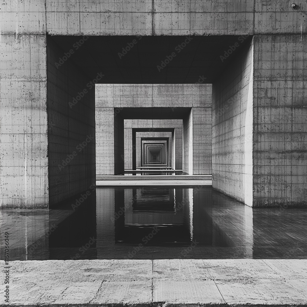 Poster the image is a black and white photo of a long, narrow hallway with a pool of water in the middle. t