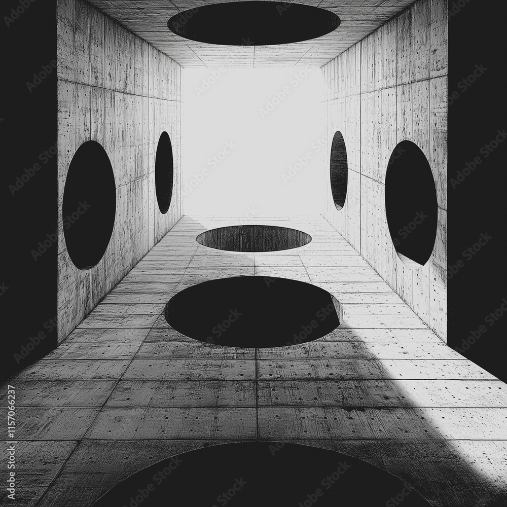 Aufkleber a series of round holes in a concrete wall. the holes are all different sizes and are arranged in a 