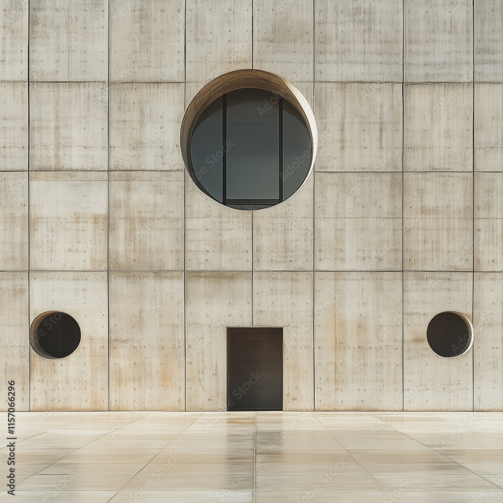 Poster a large building with a circular window and a black door