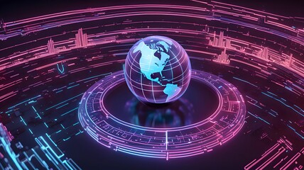 Fototapeta premium Futuristic 3D Holographic Globe with Pulsing Neon Progress Ring and Glowing Numbers