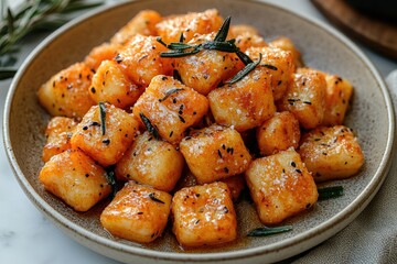 Deliciously crispy and golden-brown gnocchi, garnished with rosemary.
