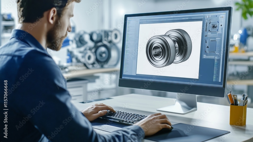 Poster automotive engineer designing car parts using cad software on desktop computer in modern research fa