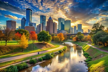 Surreal Autumn Houston Skyline: Buffalo Bayou Park, Texas