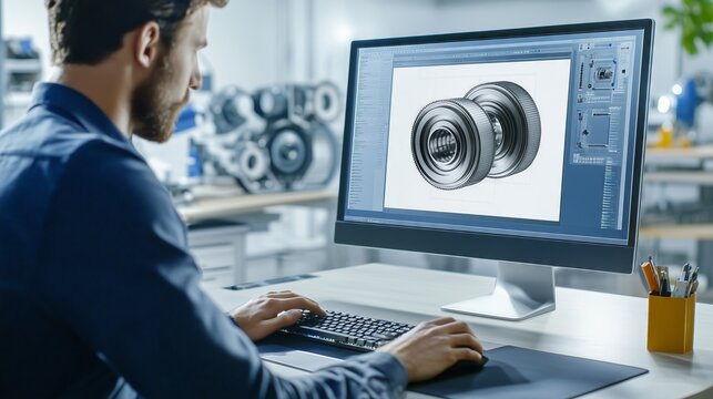 Automotive engineer designing car parts using cad software on desktop computer in modern research facility