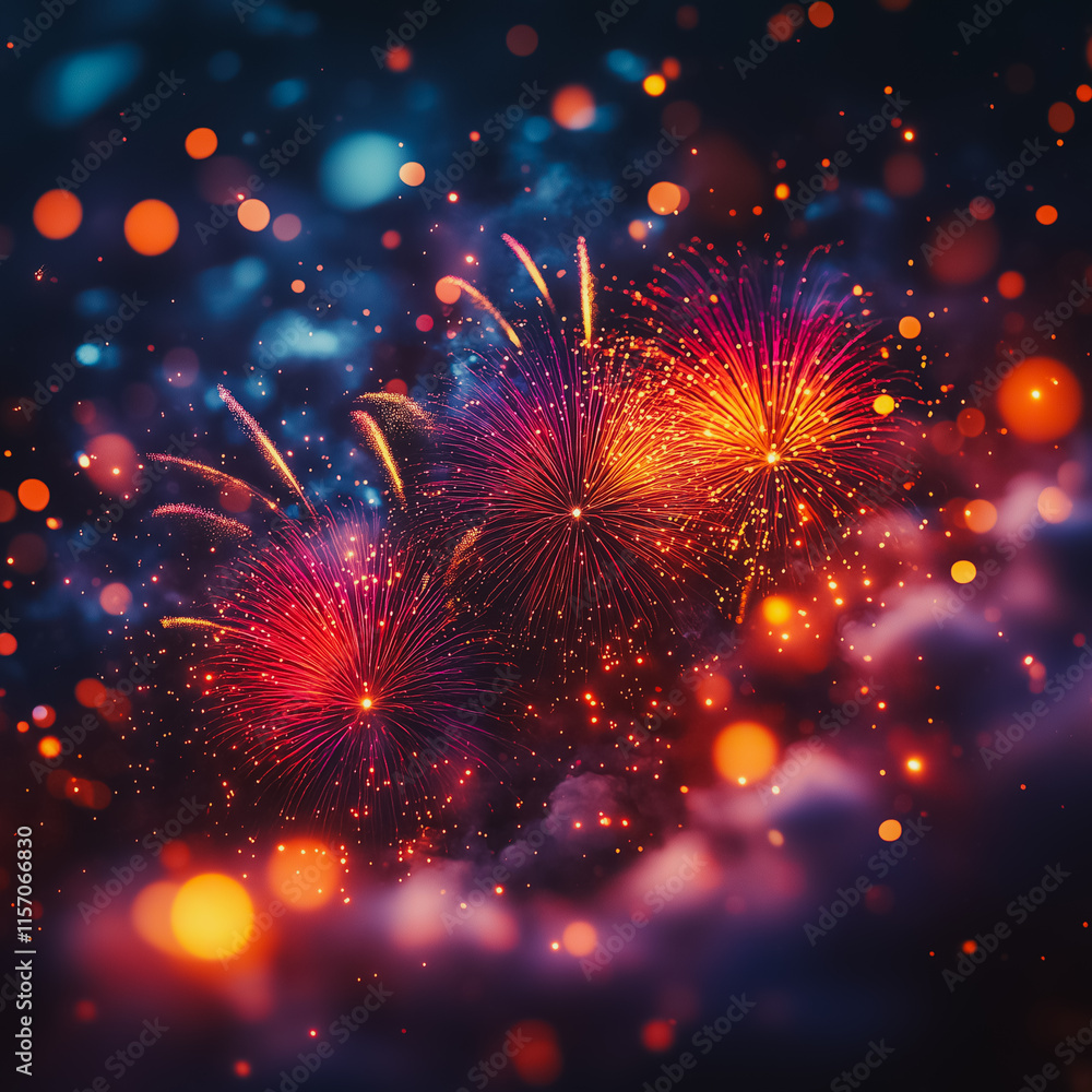 Poster a colorful fireworks display with three fireworks in the middle