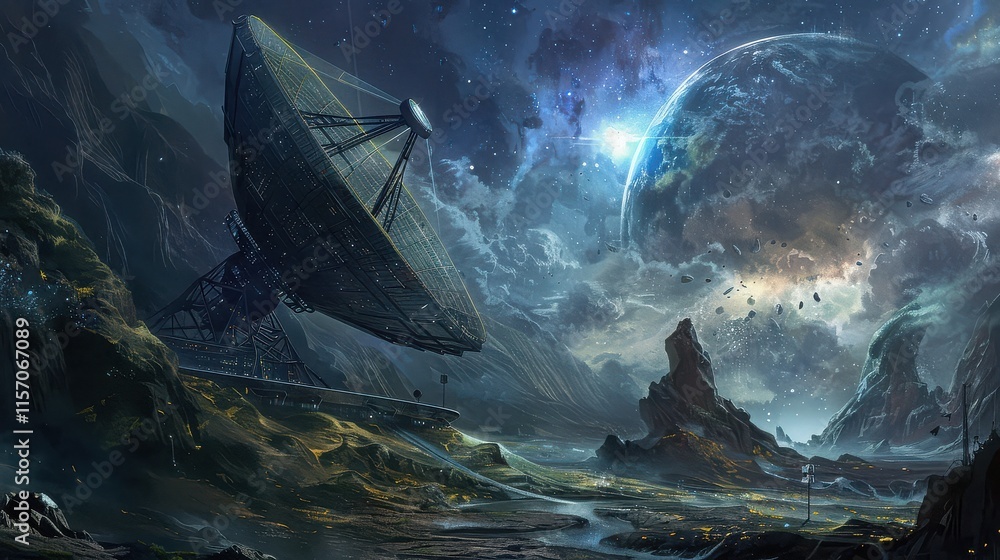 Poster a large radio telescope in a remote area, capturing signals from deep space that lead to a major dis