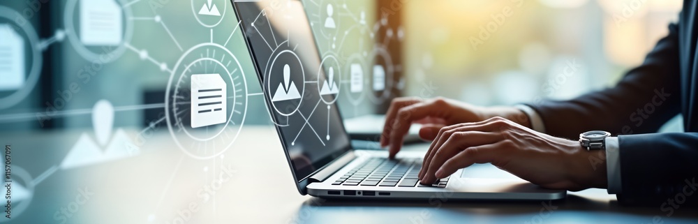 Poster Businessperson works on laptop managing online documents. Efficient work process with secure access to online files. Business tech solutions for corporate use. Person uses laptop computer in office