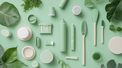 Eco-Friendly Biodegradable Cleaning Supplies Flat Lay, Perfect for Promoting a Green Brand