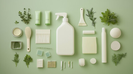 Eco-Friendly Biodegradable Cleaning Supplies Flat Lay, Perfect for Promoting a Green Brand