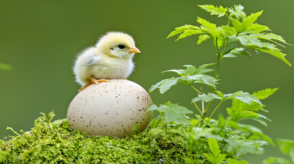 Adorable fluffy chick perched atop a speckled egg nestled in vibrant green moss, symbolizing new life and springtime.
