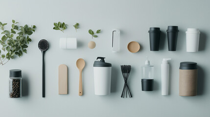  Eco-Friendly Home Product Flat Lay Featuring Biodegradable Cleaners, Reusable Coffee Cups, and Sustainable Kitchenware for a Green Brand Ad