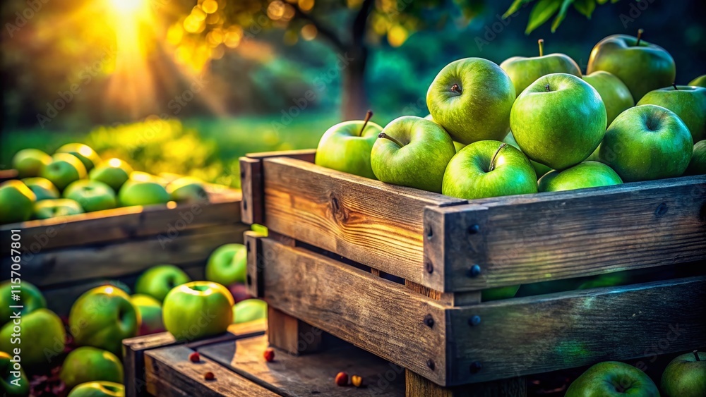 Poster surreal close-up of two wooden crates overflowing with lush green apples