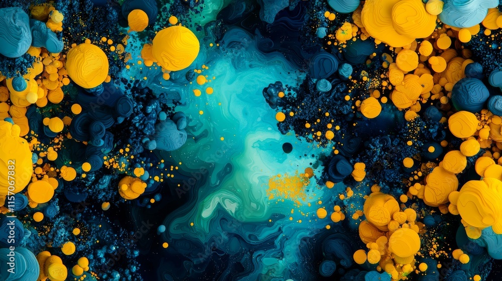 Aufkleber an abstract composition featuring vibrant blue and yellow bubbles against a dark background, creatin