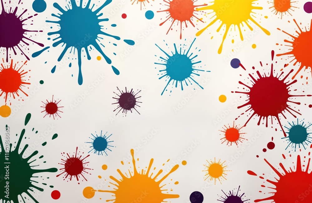 Poster Colorful paint splatters create vibrant pattern on white background. Vivid hues form abstract design. Splatters arranged artistically. Liquid paint explodes with splashes, drips. Messy pattern with