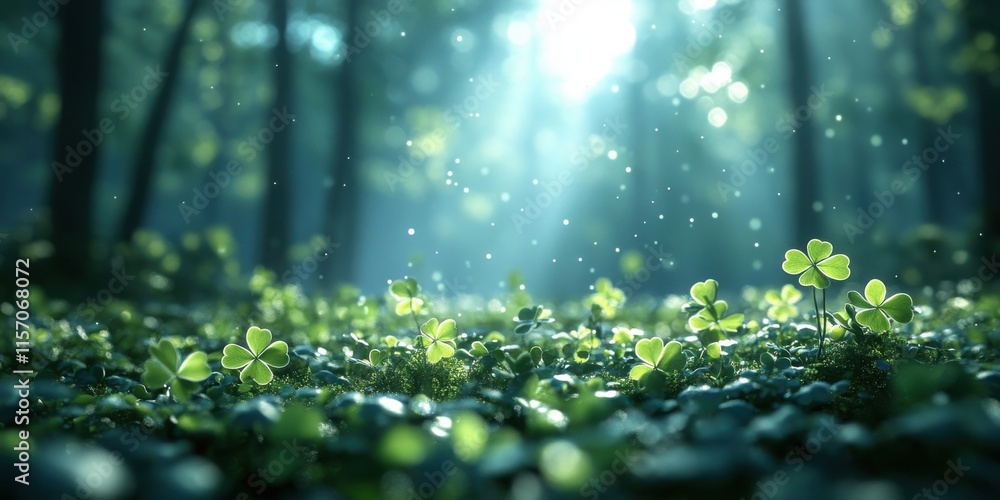 Poster serene sunlight filtering through forest canopy illuminating lush green clovers in a tranquil woodla