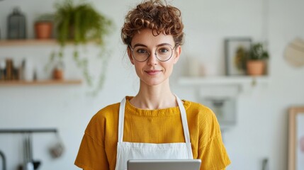 A young woman in an apron smiles while holding a tablet, surrounded by a cozy kitchen with plants and decorative items.