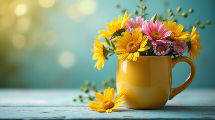 Bouquet of colorful daisies and gerbera flowers in a yellow mug on a rustic wooden table with a soft blurred green background with copy space