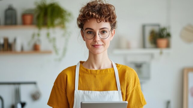 A young woman in an apron smiles while holding a tablet, surrounded by a cozy kitchen with plants and decorative items. - Powered by Adobe