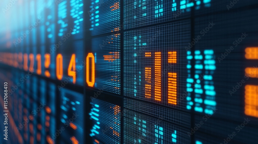 Poster a digital display showing stock market data with bright orange and blue numbers and graphs, represen
