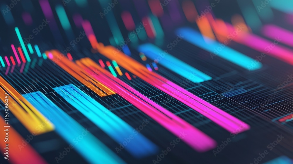 Poster a vibrant, abstract visualization of data with colorful bars and lines, representing trends and stat