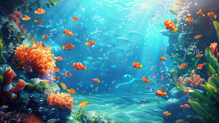 Fototapeta premium Colorful underwater scene teeming with vibrant marine life and coral formations during a sunlit day