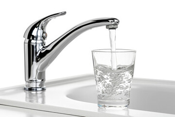 Sparkling water flowing from a modern chrome faucet into a clear glass on a bright countertop