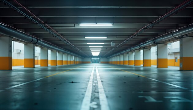 Empty underground parking garage. Interior shot shows concrete floor, walls. Columns with yellow, white stripes. Bright lights illuminate space. Blurred background suggests roadway corridor below.