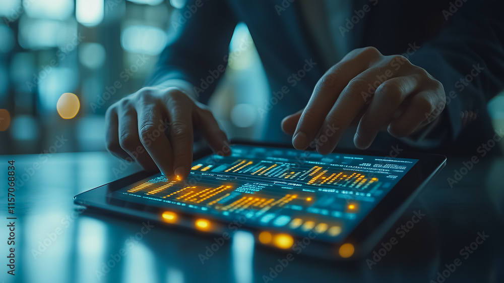 Aufkleber a man is using a tablet to look at financial data