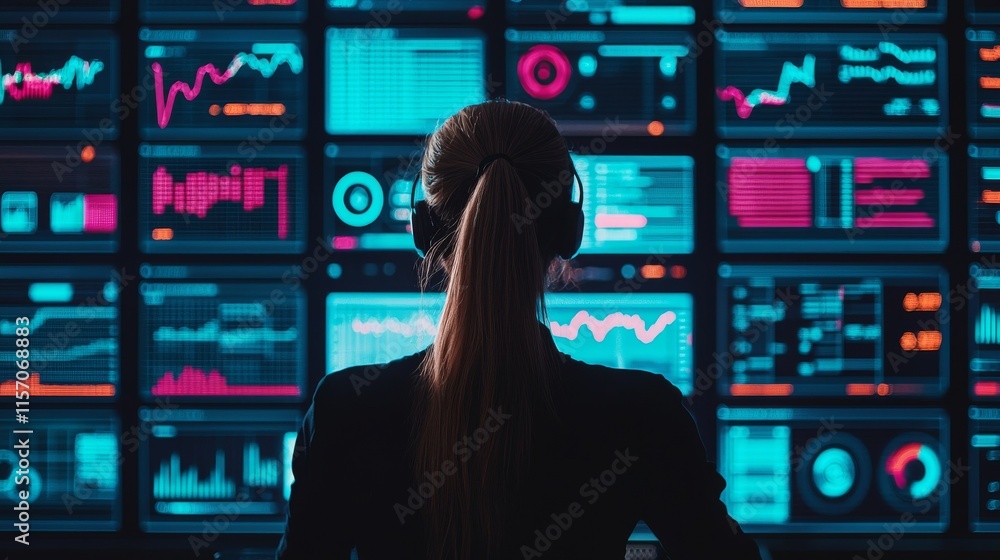 Poster a person wearing headphones analyzes vibrant data visualizations on multiple screens, showcasing gra