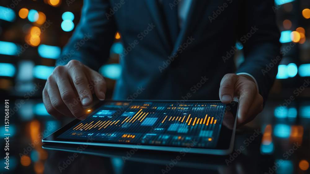 Aufkleber a man in a suit is using a tablet to look at a graph