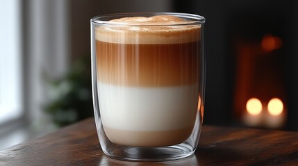 Layered latte in a double-walled glass on a wooden table.