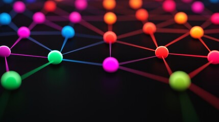 Obraz premium A vibrant, abstract representation of interconnected nodes and lines, showcasing a colorful network on a dark background.