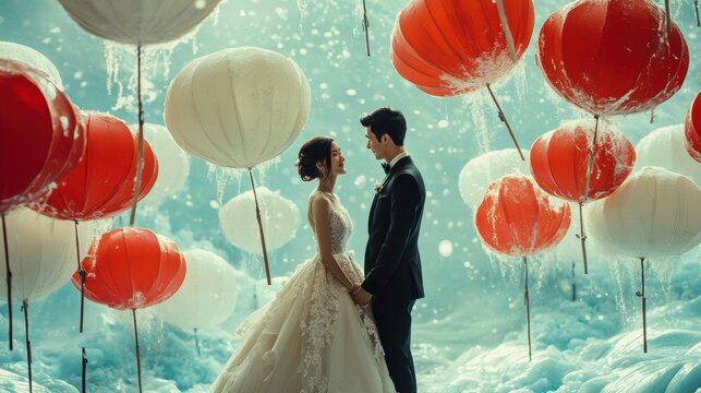 Bride and groom holding hands underneath red and white paper lanterns