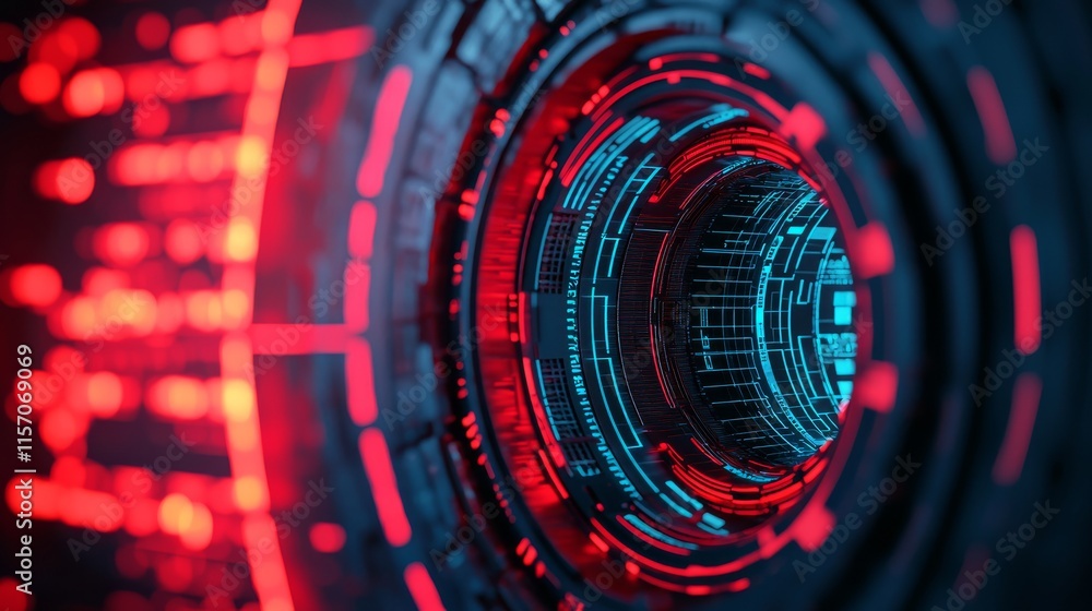 Poster a futuristic design featuring a circular interface with glowing red and blue elements, suggesting ad