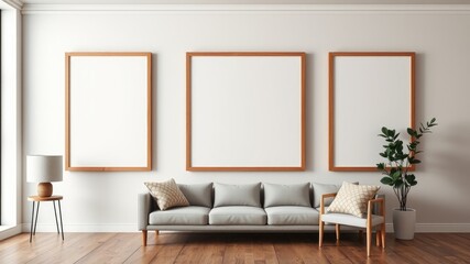 Modern Minimalist Living Room with Blank Frames and Sofa