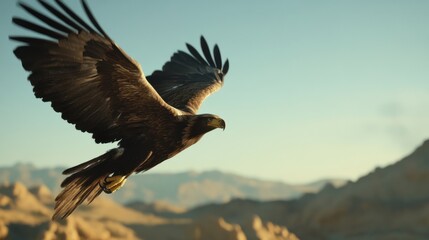 Obraz premium Majestic Eagle in Flight Over Rugged Mountainous Terrain