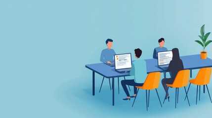 Fototapeta premium A group of four people collaborates at a modern meeting table, working on laptops in a bright, minimalistic office setting.
