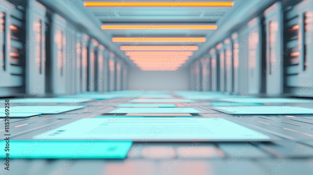Poster a futuristic corridor with glowing panels and server racks, emphasizing technology and digital infra