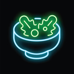Neon sign representing a bowl of fresh salad with lettuce and other vegetables, perfect for promoting healthy food