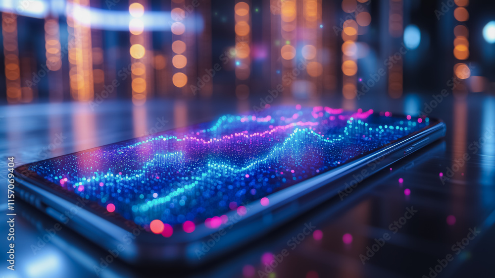 Poster a cell phone with a blue screen showing a wave pattern