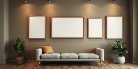 Modern living room interior with neutral tones, wooden frames, and potted plants