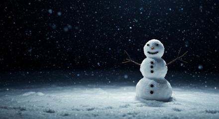 Obraz premium Dark Adorable snowman with a carrot nose, buttons, and twig arms in a snowy landscape, with snowflakes falling. Perfect for winter, Christmas, and festive holiday design projects.