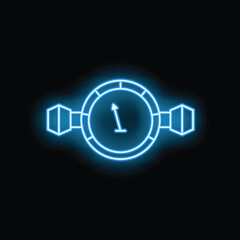 Neon blue wrist watch glowing on black background, concept of time, style, fashion