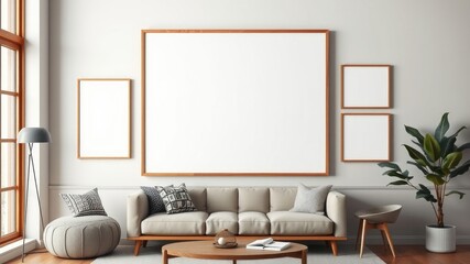 Modern living room interior design with blank frames and neutral color palette