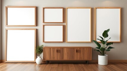 Fototapeta premium Modern Minimalist Living Room with Empty Picture Frames and Wooden Cabinet