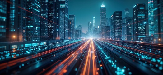 Obraz premium Futuristic city at night. High tech buildings illuminated by blue, orange light. Data streams flowing across urban landscape. Rapid transport system. Hyperconnectivity concept. Dynamic flow of