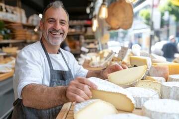 A smiling vendor showcases a variety of delicious cheeses at a vibrant market, exemplifying the joy of food and community interaction in a bustling environment.