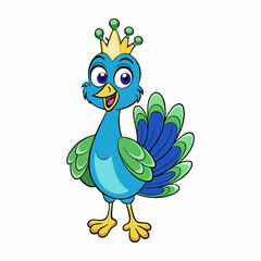 A charming cartoon peacock wearing a tiny crown vector art illustration